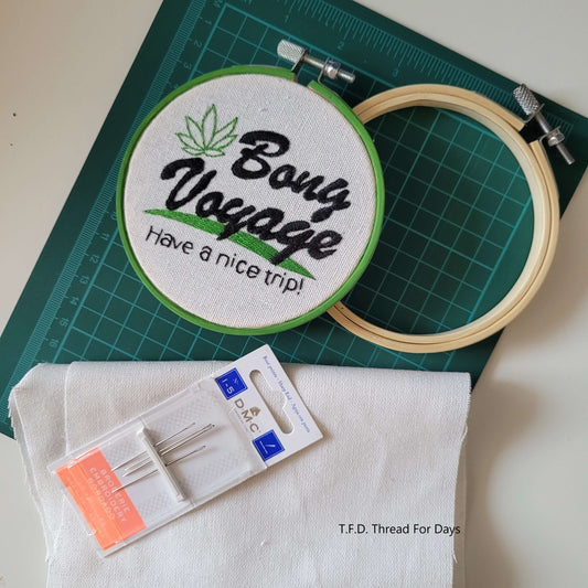 bong voyage hoop with embroideyr hoop fabric and needles