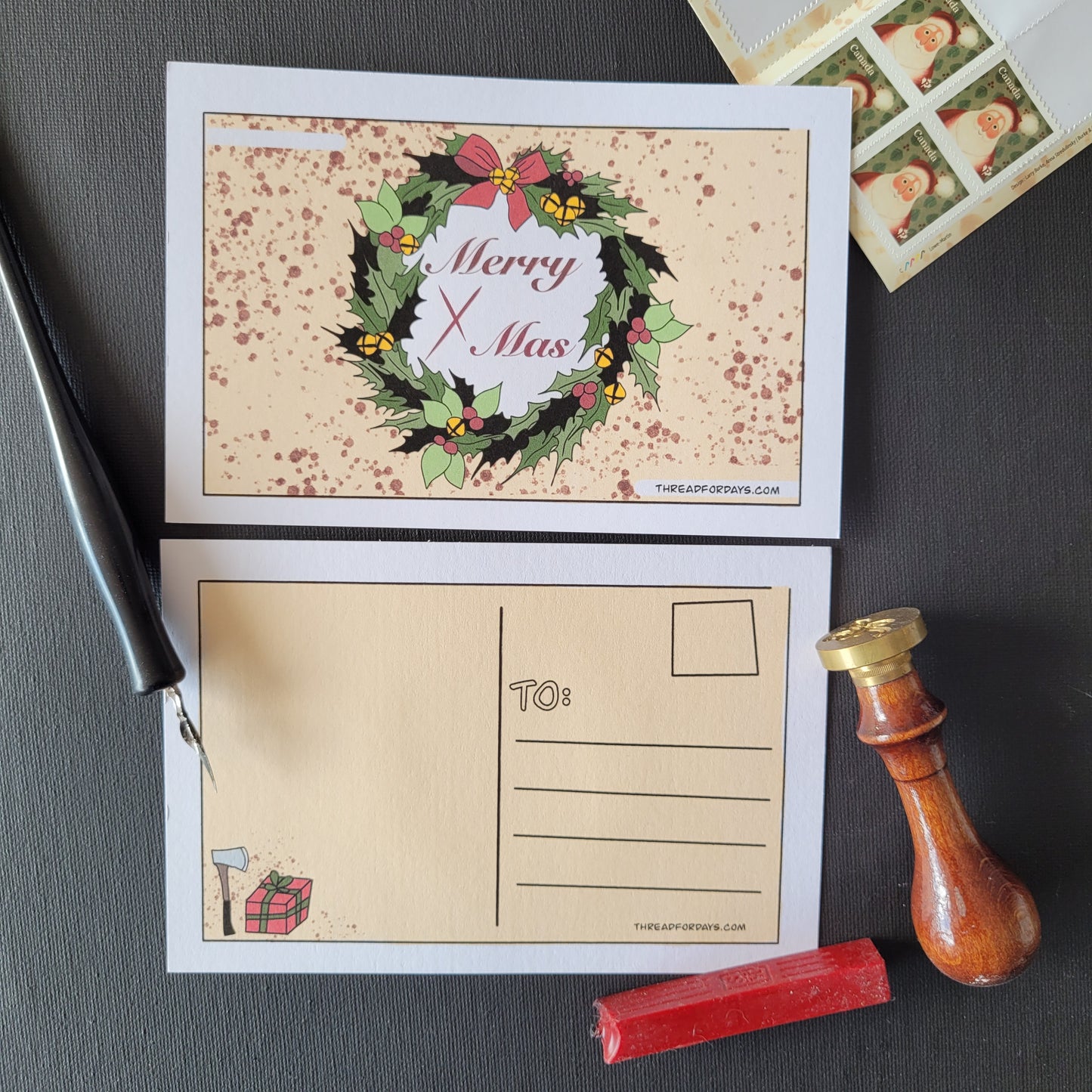 front and back of the Black Christmas postcard