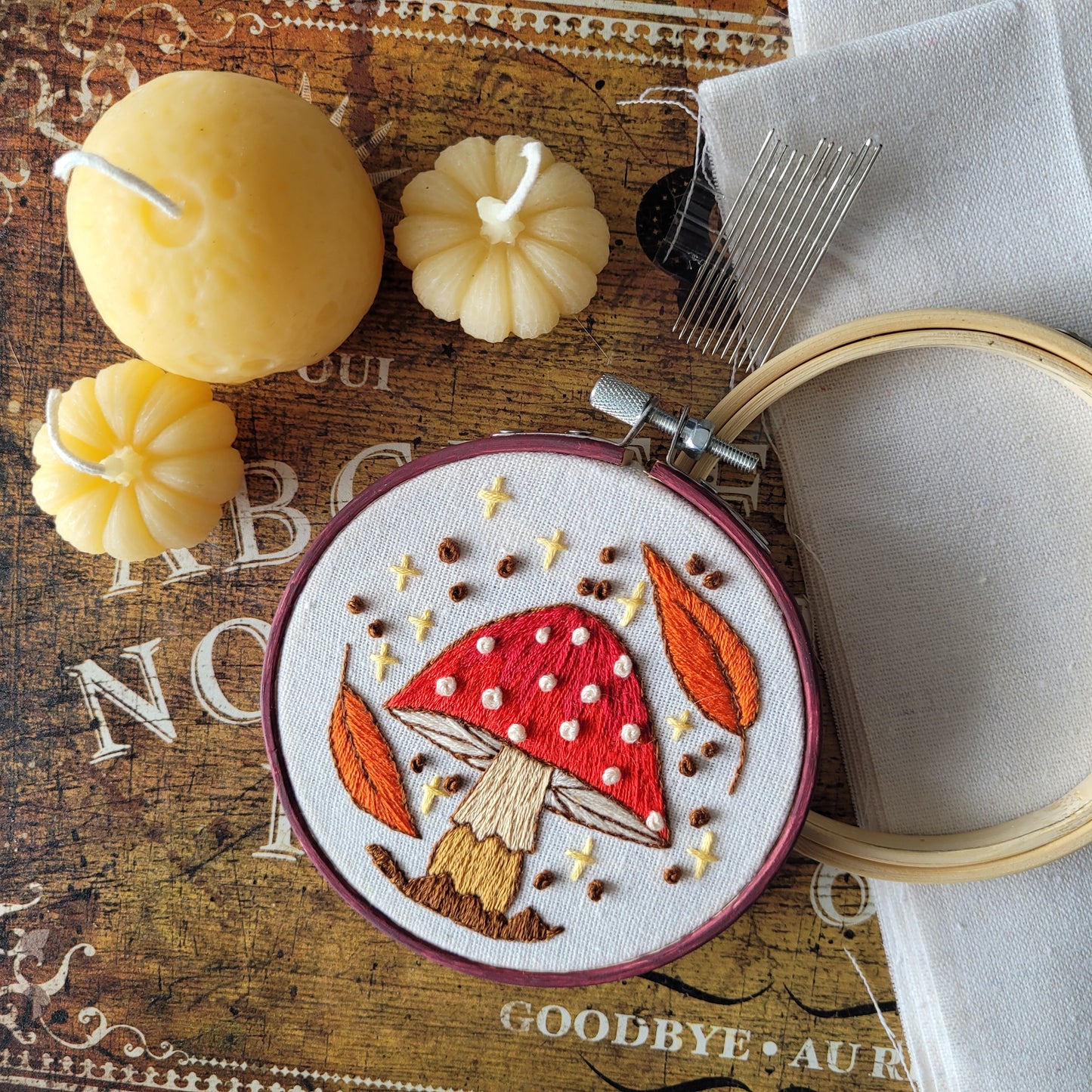 mushroom with fall leaves