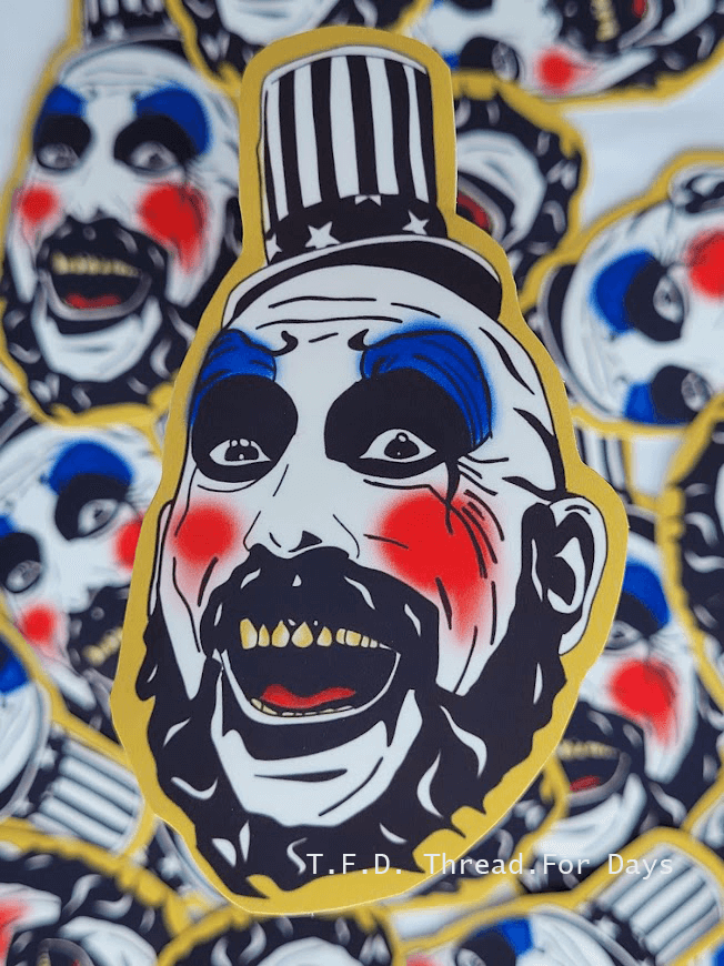 Captain spalding vinyl sticker behind is a collage of the same sticker