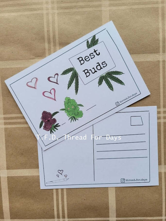 Front and back of best buds postcard.