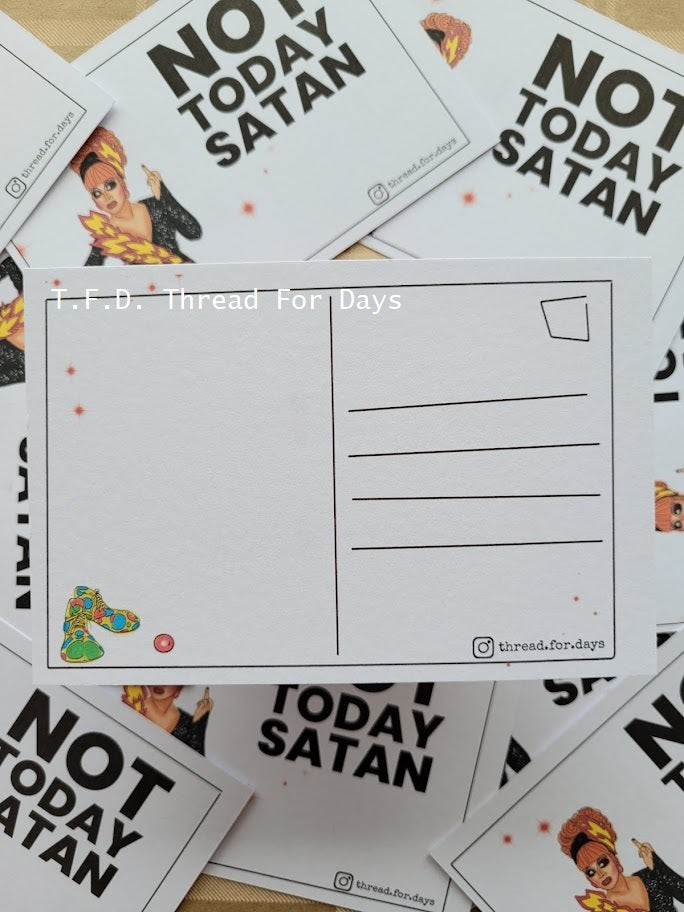 back of not today satan postcard