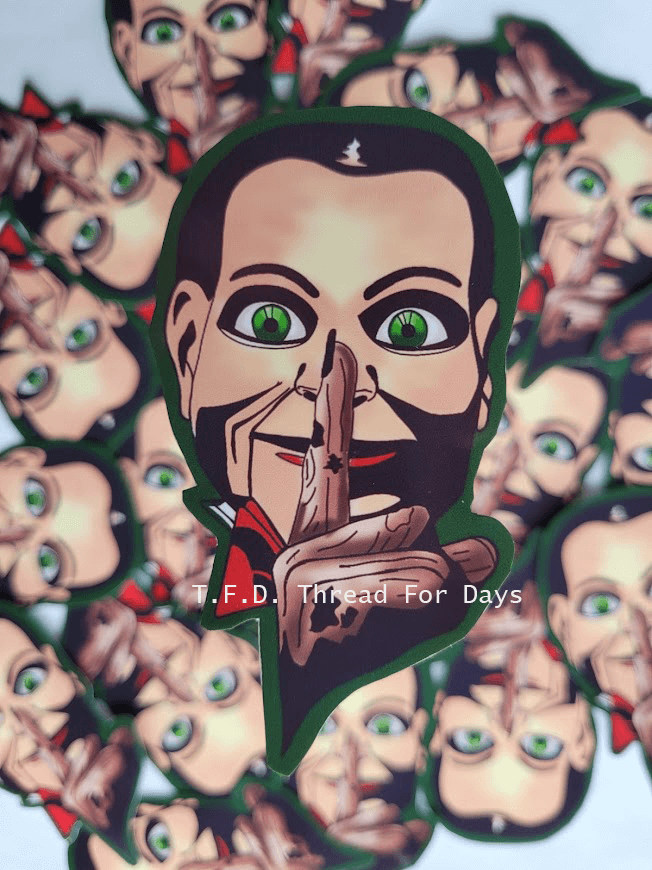 Billy the doll vinyl sticker with a background of the same sticker