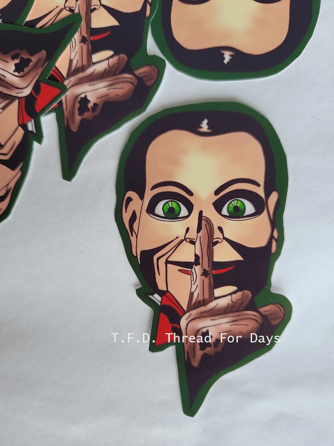Billy the doll vinyl sticker on white background