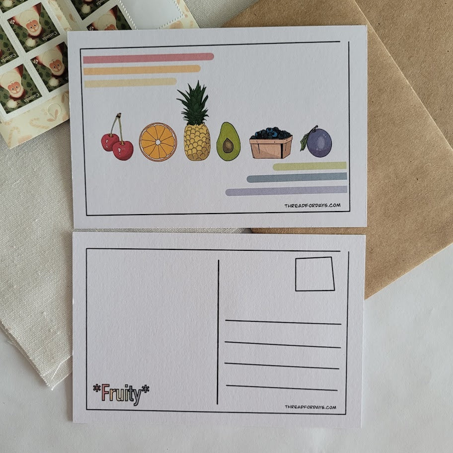 front and back of Fruity postcard