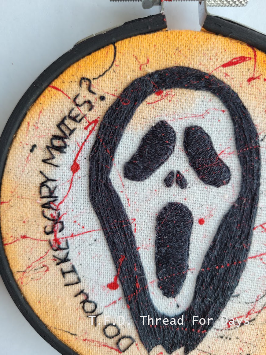 close up stitches scream mask hoop