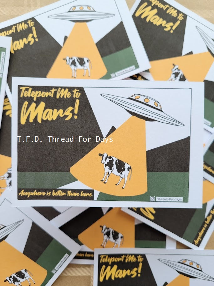 front of teleport me to mars postcard