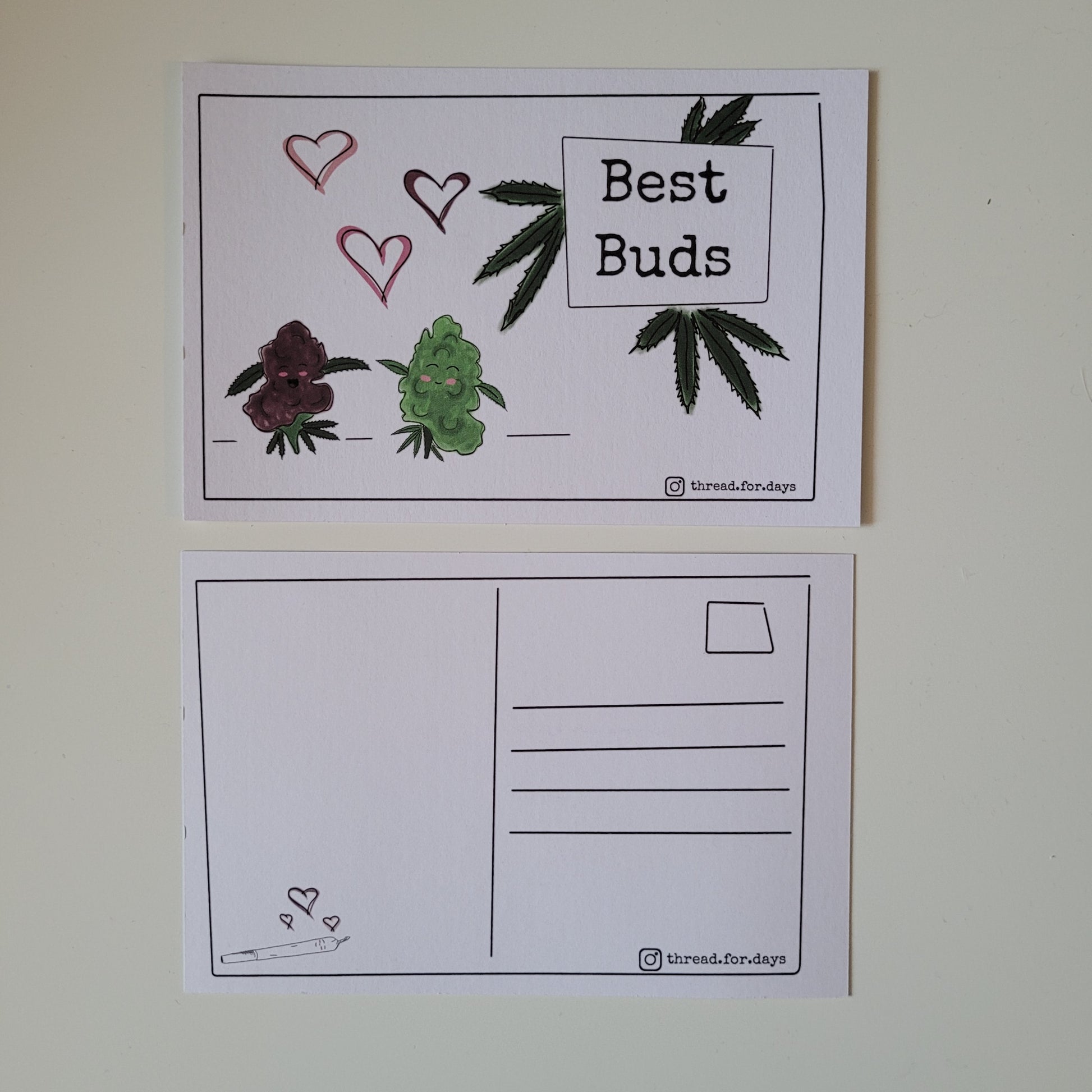 front and back of best buds postcards