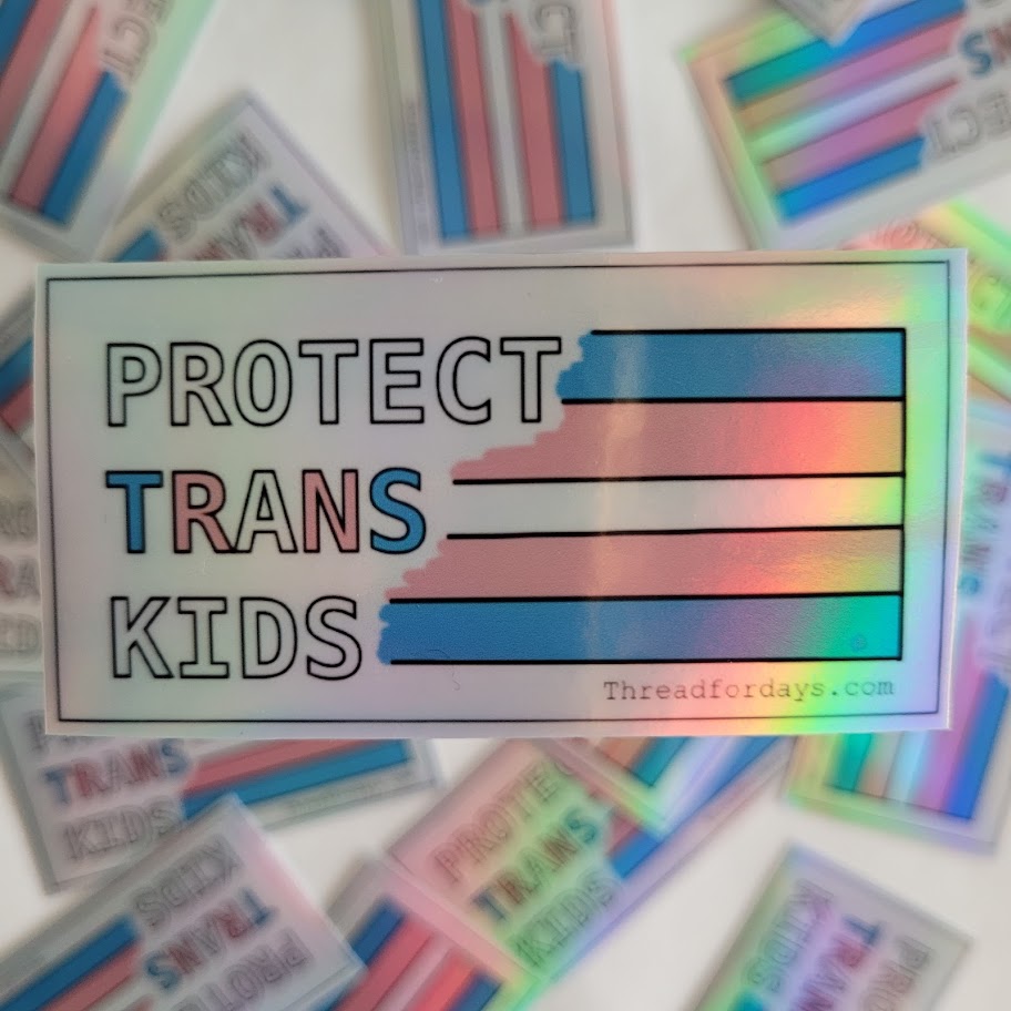 close up on protect trans kids sticker
