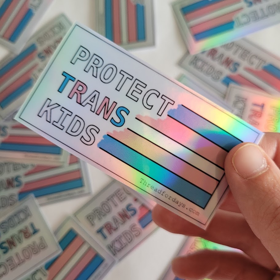 protect trans kids sticker held in hand
