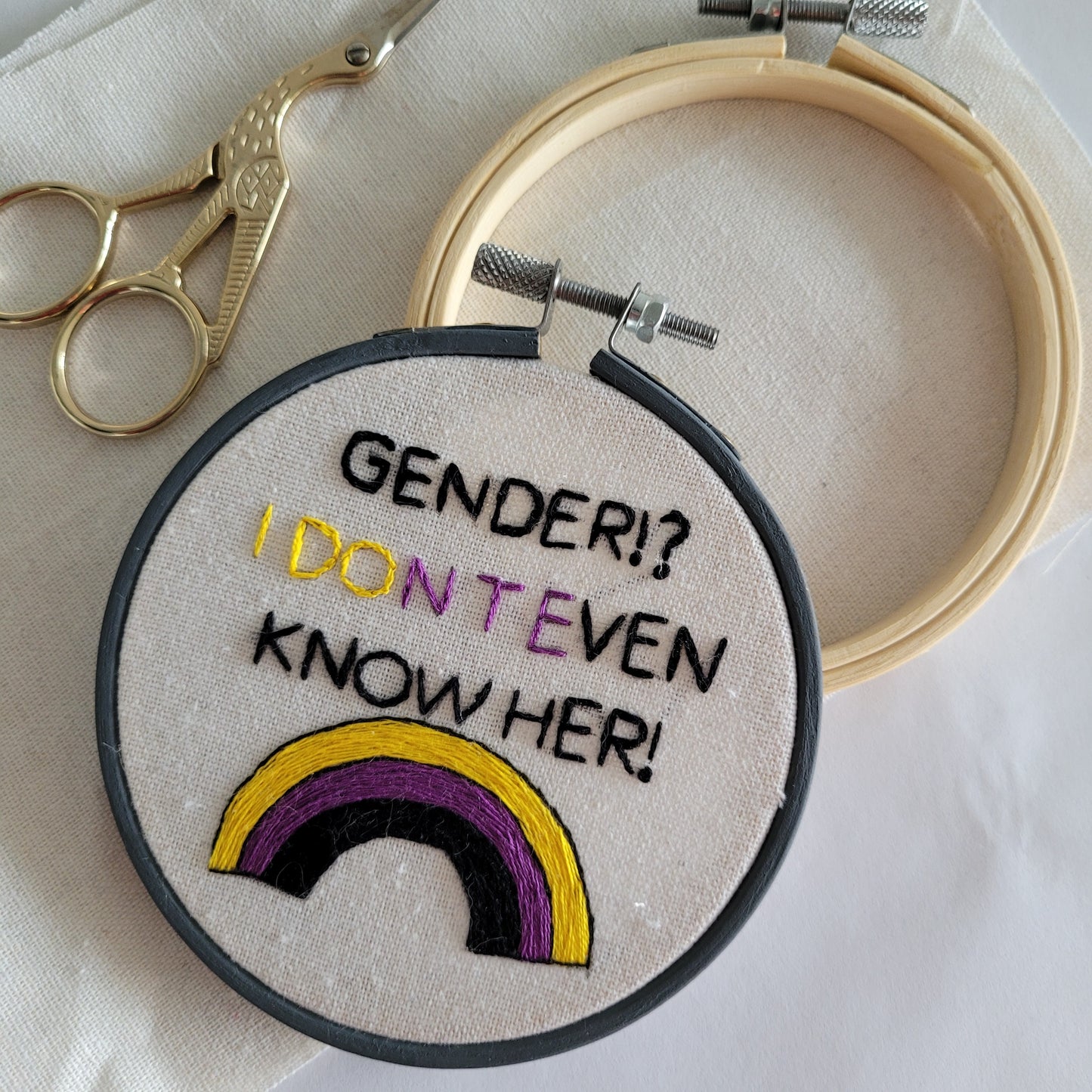 Gender?! I dont even know her! with a non-binary rainbow