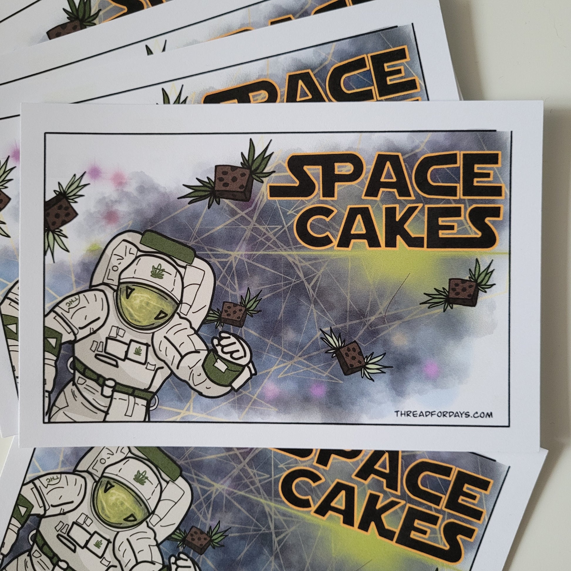 front of space cakes postcard