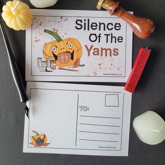 front and back of silence of the yams postcard