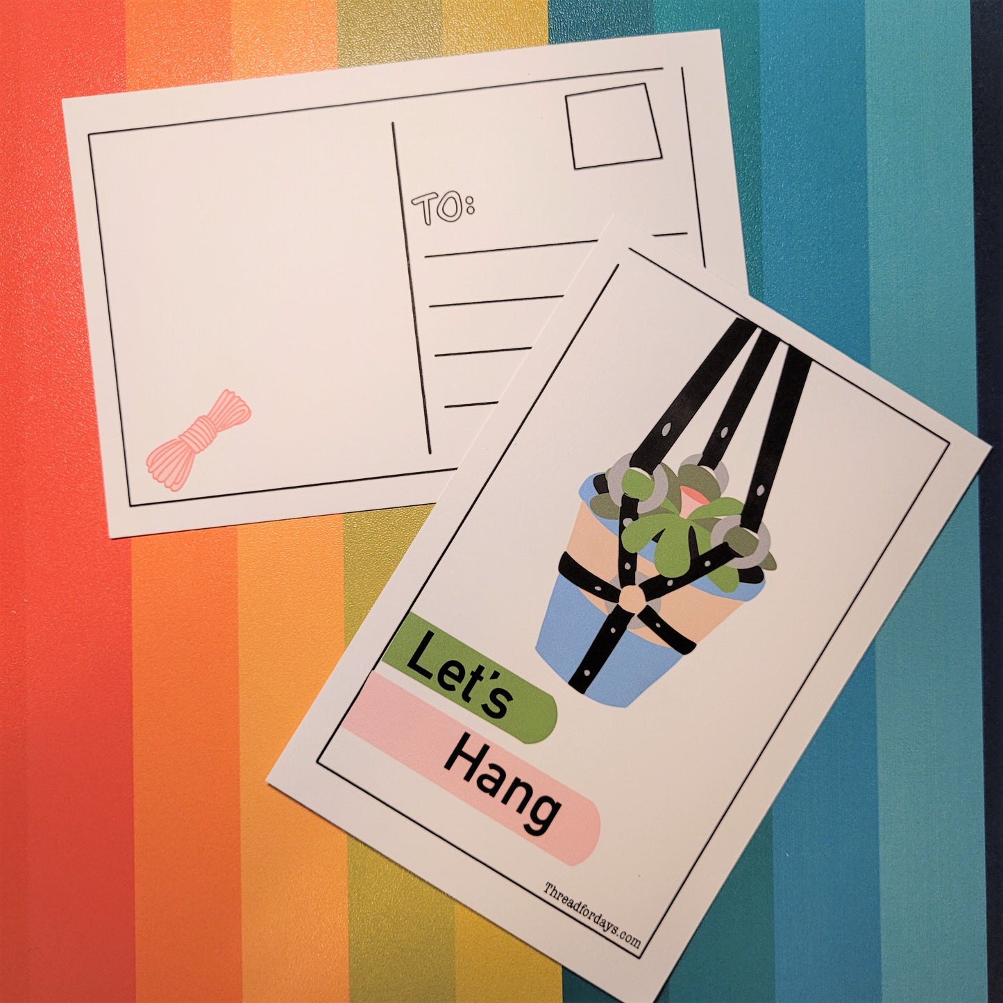 front and back of Let's Hang postcard