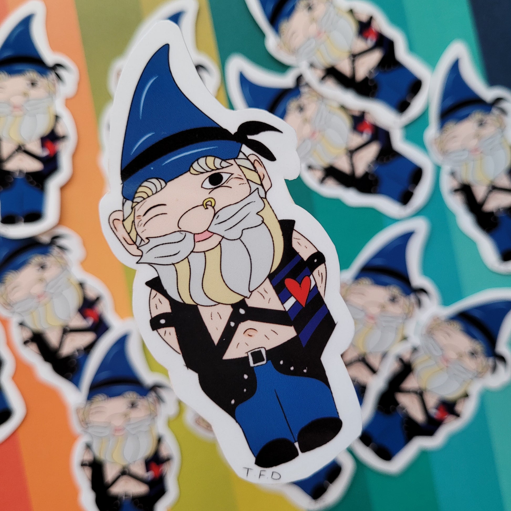 close up of leather daddy gnome sticker