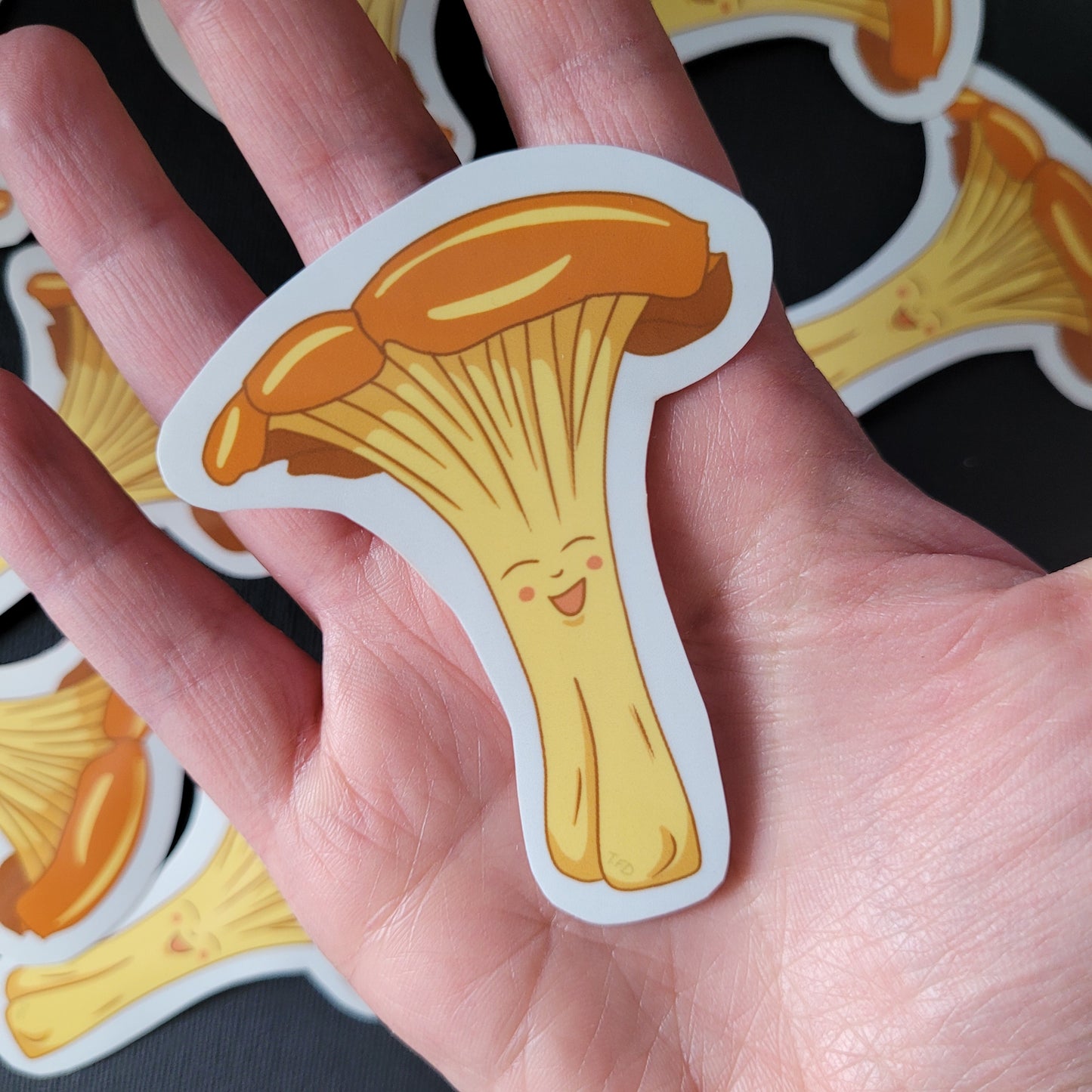 chanterelle mushroom sticker held in palm of hand for size