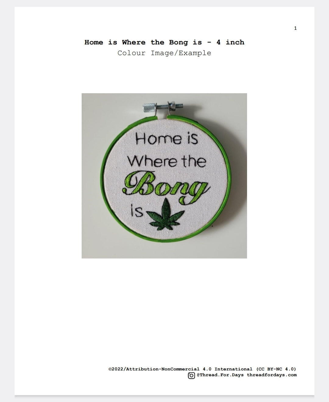 first page of the PDF embroidery pattern for Home is Where the Bong is hoop