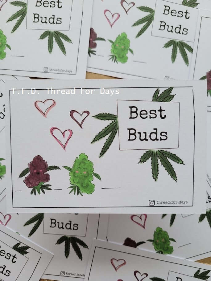 Two weed nuggets holding hands with hearts surrounding them. Text "Best Buds"