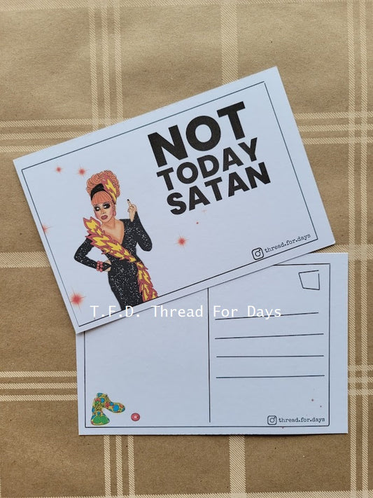 Front and back of not today satan postcard