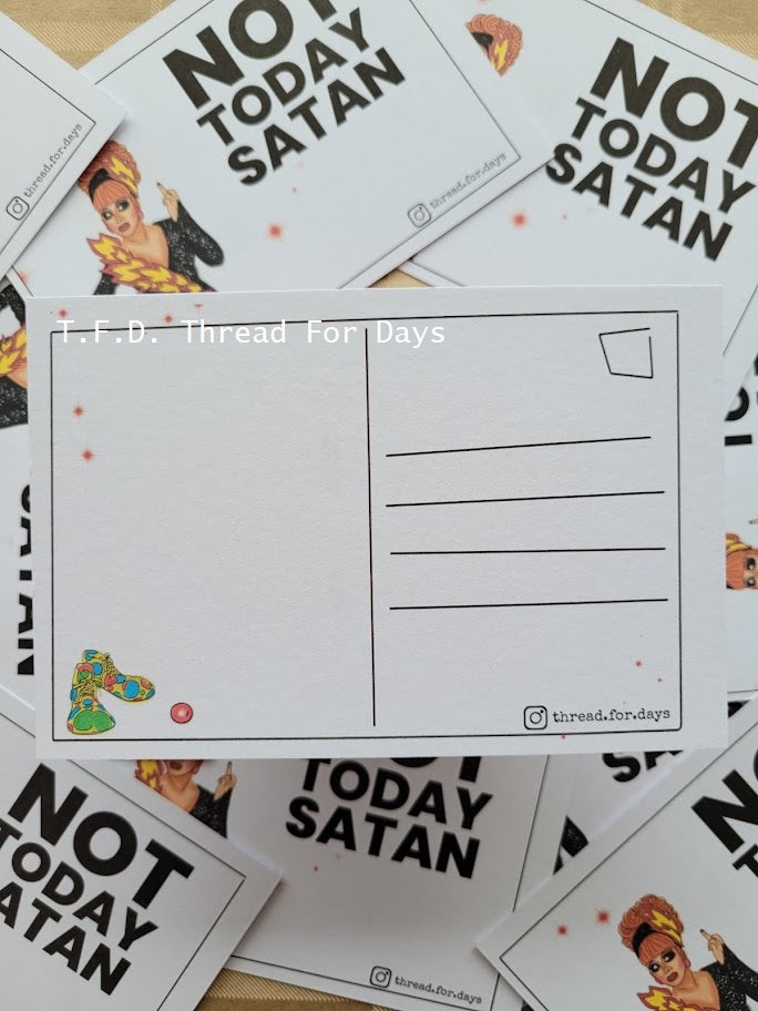 back of not today satan postcard