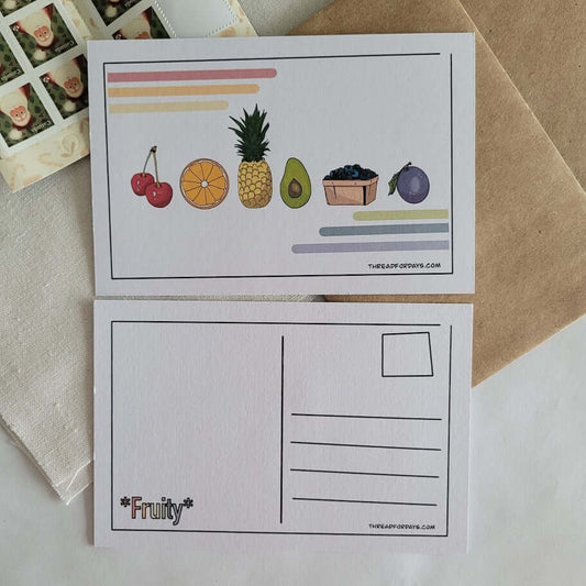 front and back of fruity postcard
